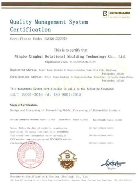 XINGHUI MOULD has certificate lS09001: 2015 Quality Managment System Certification