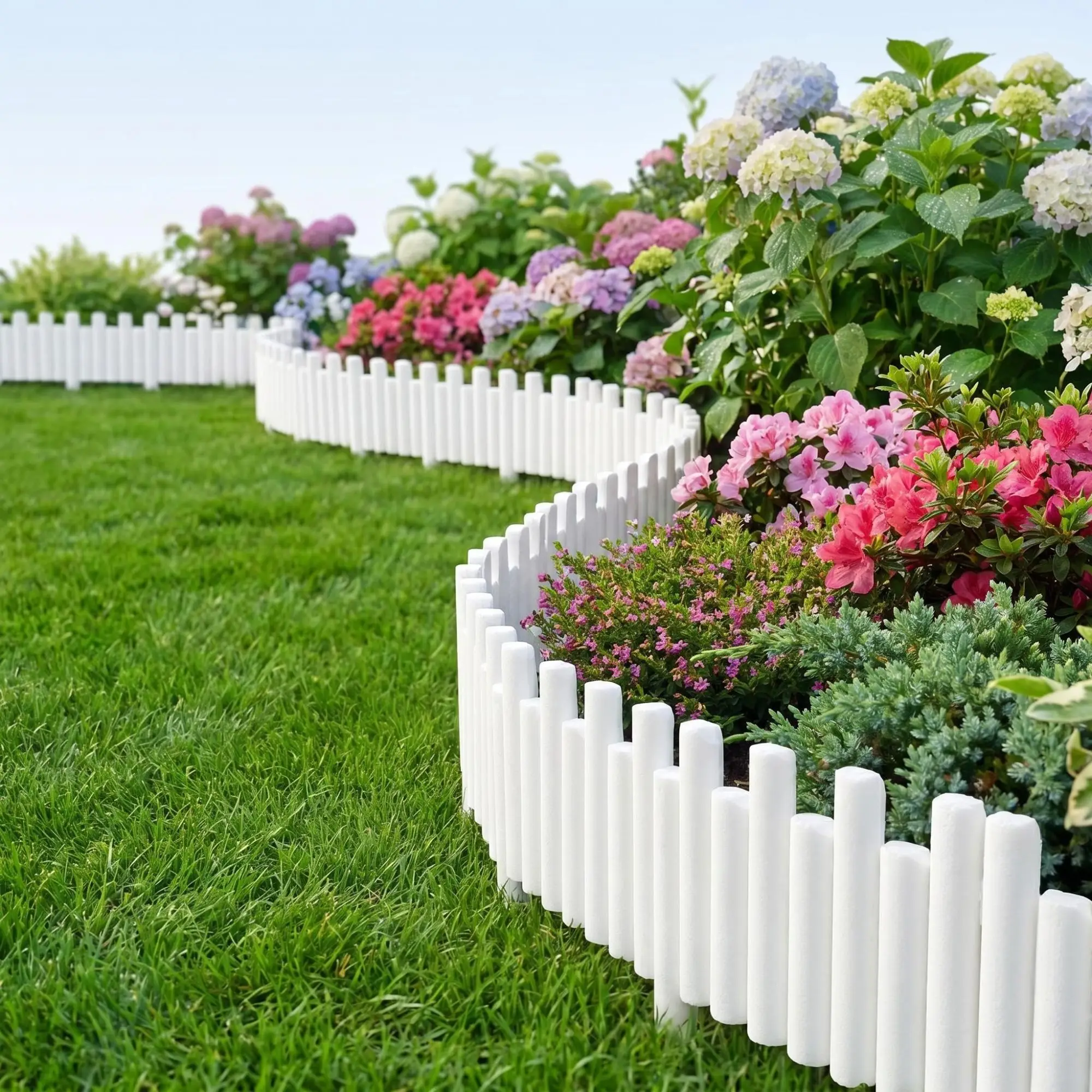 White Plastic Garden Picket Fence for Landscape Edging & Lawn Borders