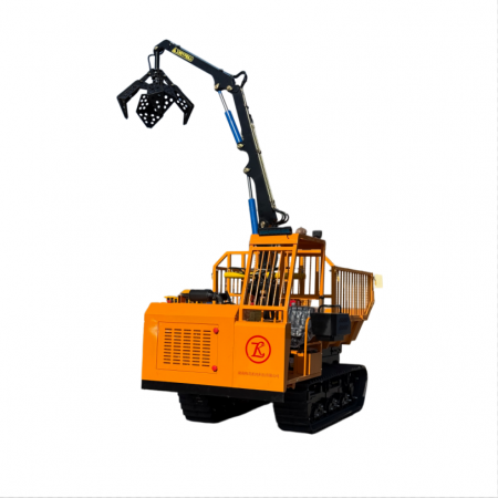 Heavy-duty crawler dumper fitted with grabber attachment and high scissor lifting system.