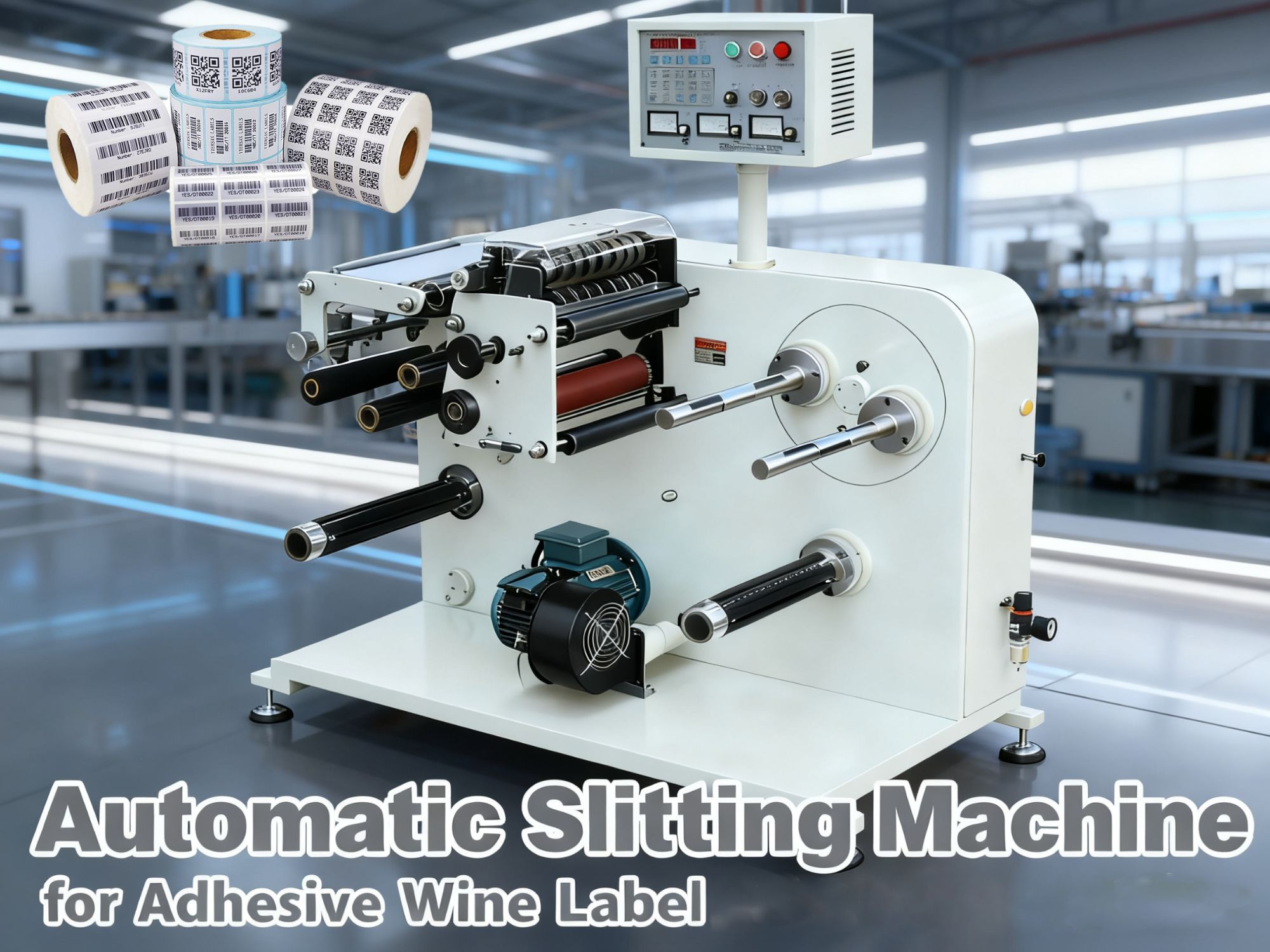 Automaattinen leikkauskone kaksoiskelauslaitteella viinitarran mehupullotarroille