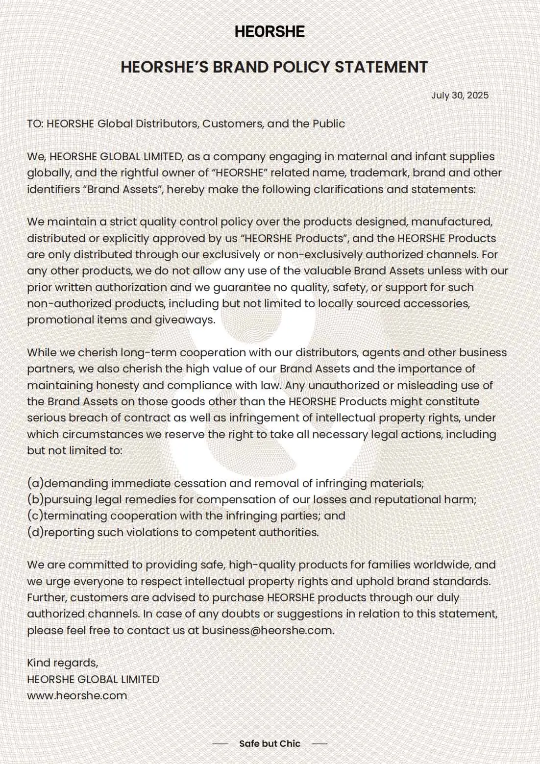 HEORSHE BRAND POLICY STATEMENT