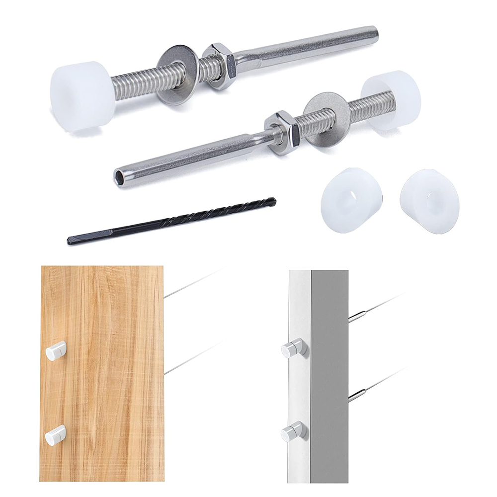 T316 Stainless Steel Hand Swage Threaded Stud Tensioner with White Head and Beveled Washer 1/8" Cable Railing Kit End Fitting Terminal for 2x2 Metal Post
