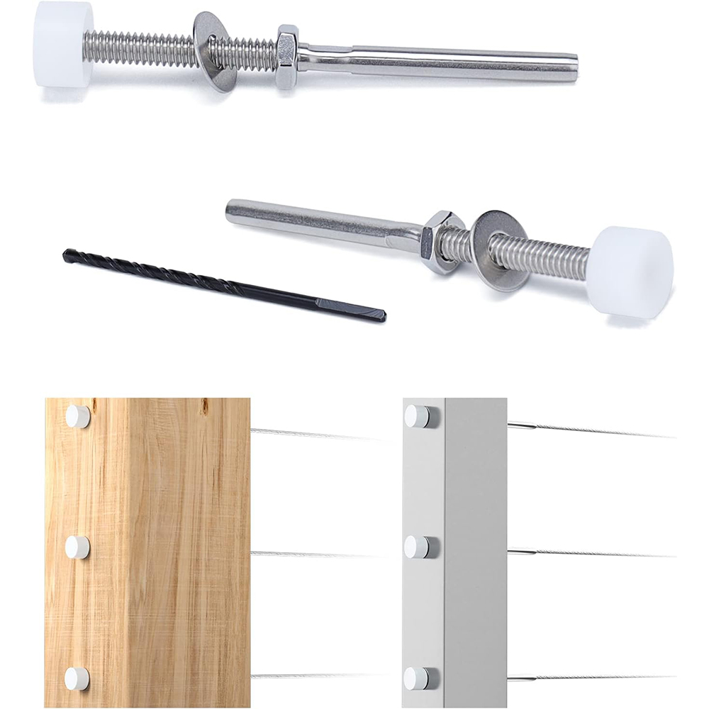 1/8" Cable Railing Kit End Fitting Terminal T316 Stainless Steel Hand Swage Threaded Stud Tensioner with White Flat Head Deck