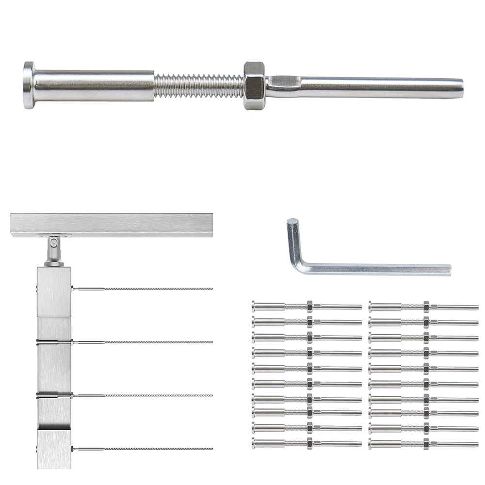 T316 Stainless Steel Cable Railing Kit Hand 1/8" Swage Threaded Stud Tensioner Hardware 4" Long for 2"x2" Metal Post Deck Stairs