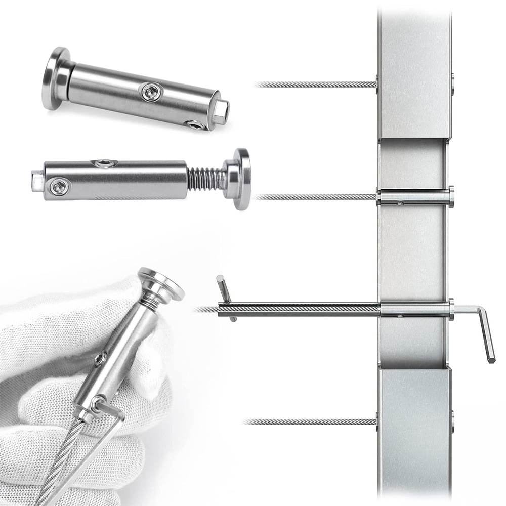 Invisible Cable Railing Kit T316 Stainless Steel 1/8" Swageless Tensioner Flat Head Hidden for 2"x2" Metal Post Deck Stairs