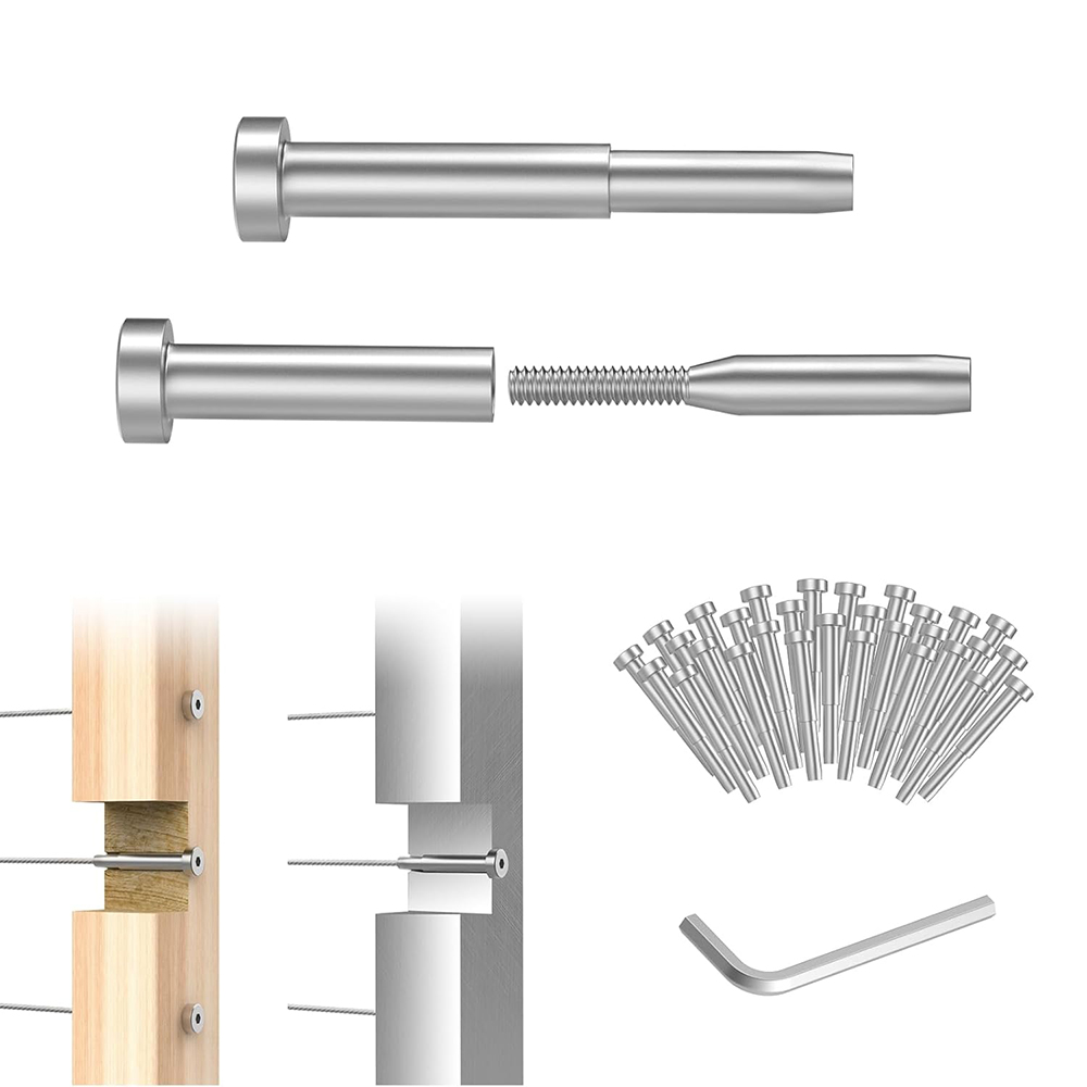Deck Stair Threaded End Fitting T316 Marine Grade Stainless Steel Invisible Receiver and Swage Stud End for 3/16 Inch Cable Railing