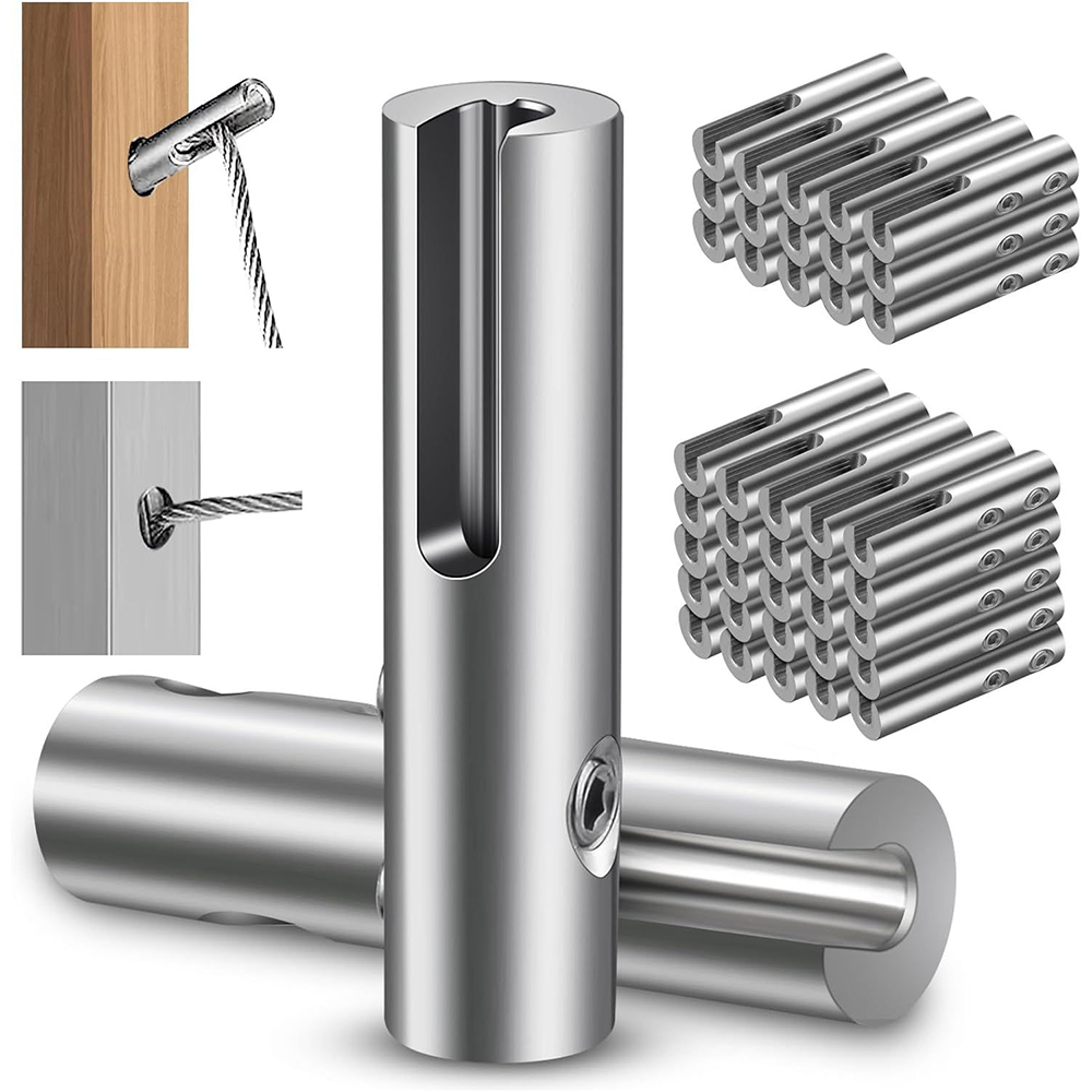 T316 Stainless Steel Wood Post Wire Rope Cable Line Protector Sleeves Grommet 1/8" Invisible Cable Railing Kit Adjustable Angle Hidden Receiver and Swage Stud End for Deck Stair