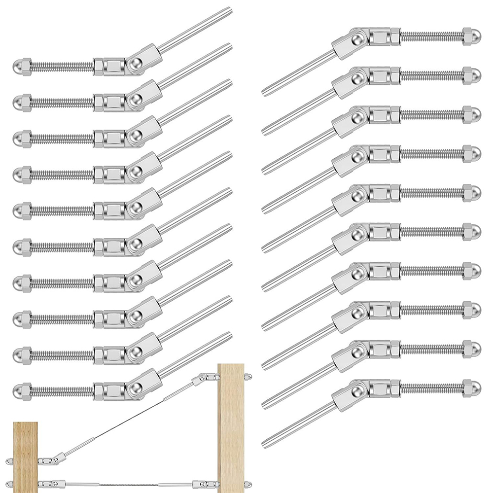 1/8" T316 Stainless Steel 180 Degree Adjustable Angle Swage Threaded Stud Tension End Cable Railing Kit Hardware for Wood Post