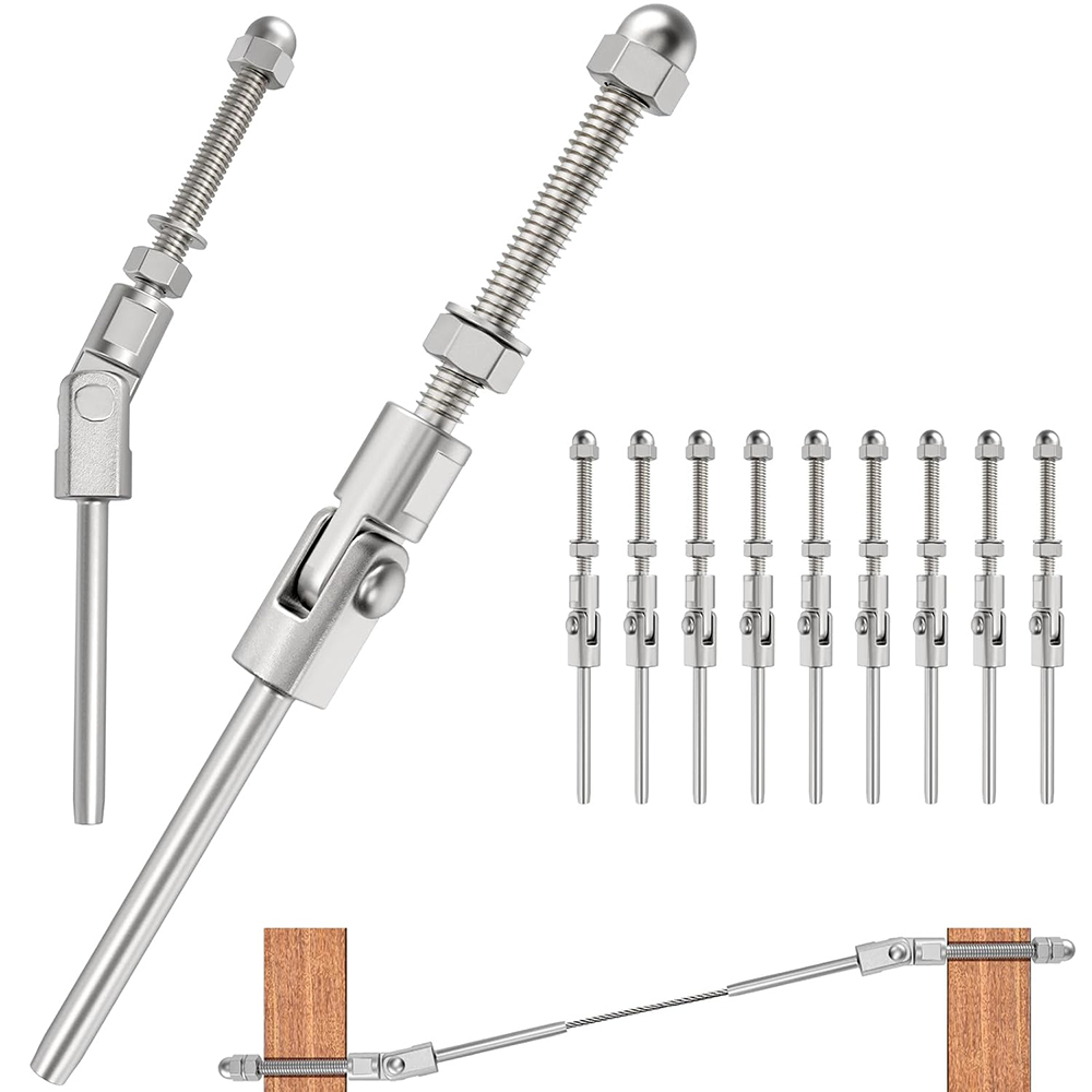 1/8" Wire Rope 180° Adjustable Angle Cable Railing Swage Threaded Stud Tension End Fitting Terminal Deck Railing Kits Hardware for 2x2 4x4 6x6 Wood Post