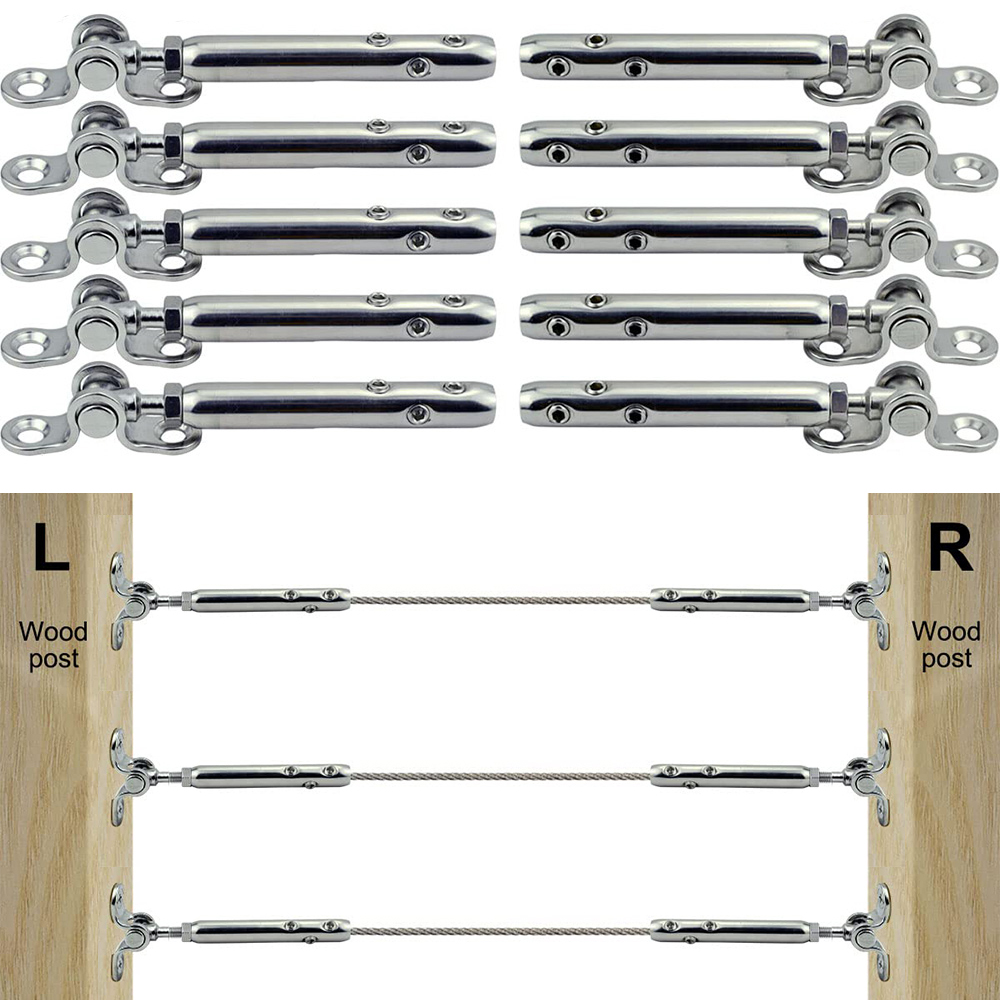 Crimpless Design Adjustable Angle Cable Railing Hardware Kit 1/8" Wire Rope Swageless Tensioners Left & Right for Wood Posts