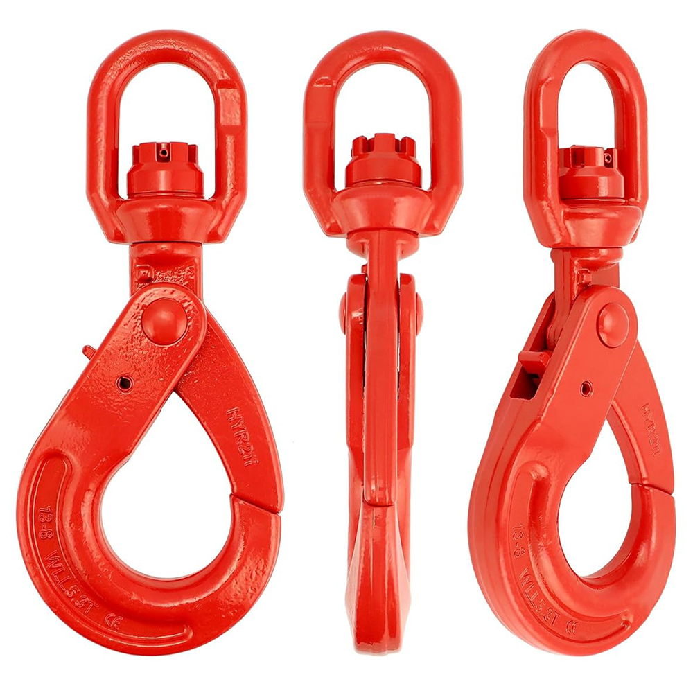 Grade 80 Drop Forged Steel Swivel Self-Locking Hook Safety Hook 11000 lbs Hoisting Hook Drop Forged Strong Lock Hook Painted Finish Large Swivel Eyes 1/2" Trade