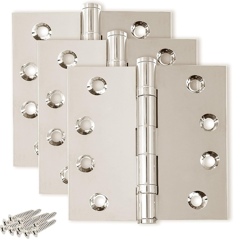 3mm Thickness Ball Bearing Door Hinge Heavy Duty Solid Brass Door Hinge Shiny Silver 4x4 Inch Hinges (Polished Nickel)