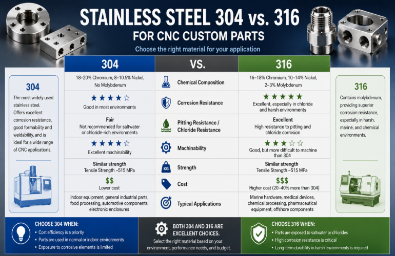 Aço inoxidável 304 vs. 316 para peças personalizadas CNC