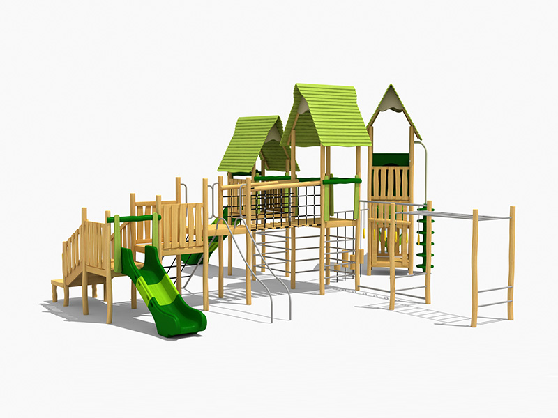 Садовое оборудование для досуга из дерева с горкой и сеткой для лазания