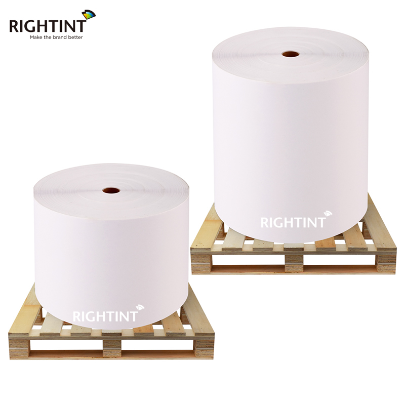 70gsm strong adhesion themal paper label roll with hot melt adhesive and 60gsm white glassine liner
