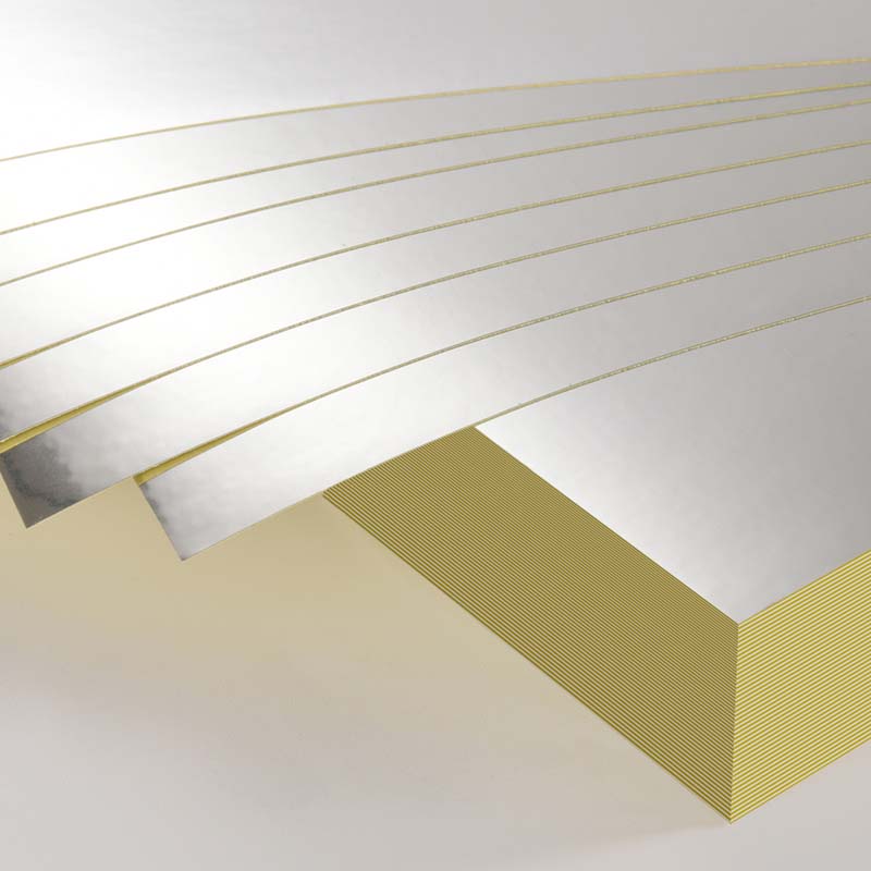 50mic Bright Silver Metallic Label Material for Offset Printing, Acrylic Adhesive, 135gsm Yellow Glassine Liner